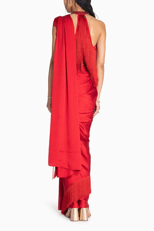Noor Red Fringe Sari with Jewelled Halter Top