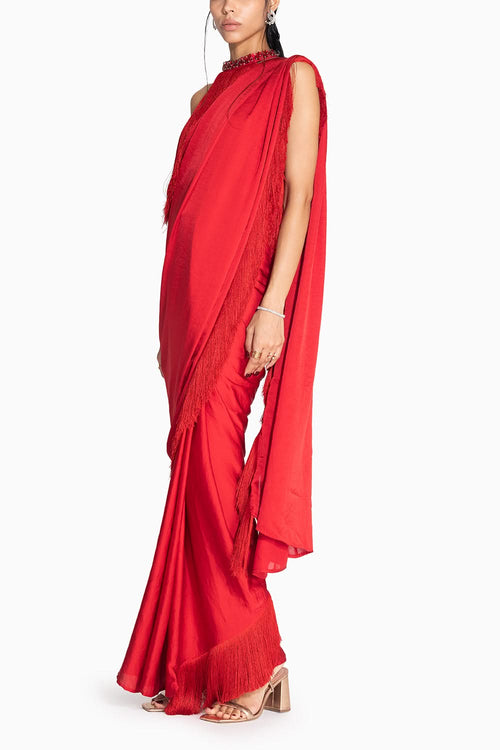 Noor Red Fringe Sari with Jewelled Halter Top