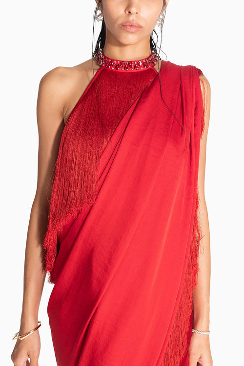 Noor Red Fringe Sari with Jewelled Halter Top