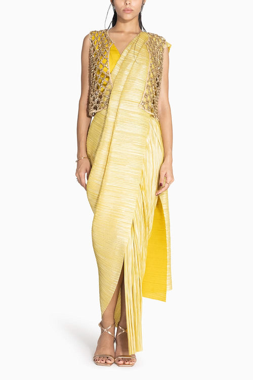 Metallic 2.0 Lemon Gold Sari with Vik Blouse and Cropped Honeycomb Jacket