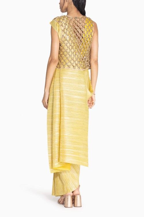 Metallic 2.0 Lemon Gold Sari with Vik Blouse and Cropped Honeycomb Jacket