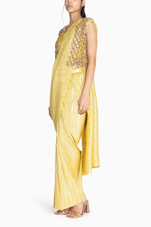 Metallic 2.0 Lemon Gold Sari with Vik Blouse and Cropped Honeycomb Jacket