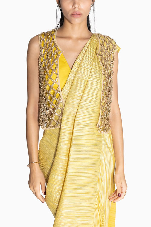 Metallic 2.0 Lemon Gold Sari with Vik Blouse and Cropped Honeycomb Jacket