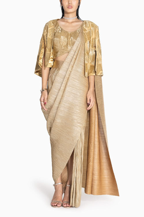 Metallic 2.0 Gold Sari with Milkyway Crossover Top and Wave Cape