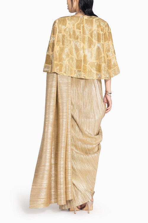 Metallic 2.0 Gold Sari with Milkyway Crossover Top and Wave Cape