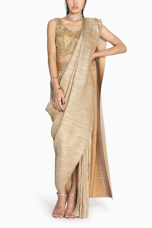 Metallic 2.0 Chocolate Gold Sari with Milkyway Crossover Top