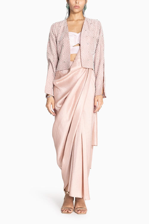 Masai Godet Baby Pink Sari with Ruffle Blouse and Regent Jacket