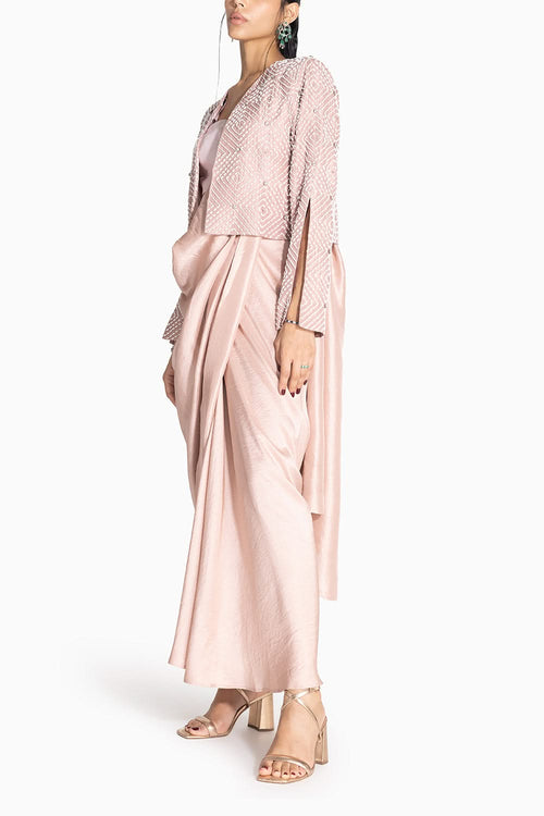 Masai Godet Baby Pink Sari with Ruffle Blouse and Regent Jacket
