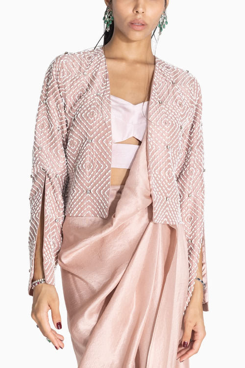 Masai Godet Baby Pink Sari with Ruffle Blouse and Regent Jacket