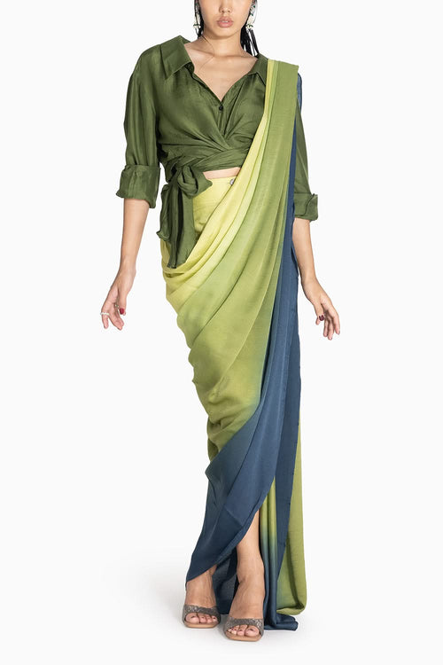 Ombre Green to Ink Highleg Sari with Kim Shirt