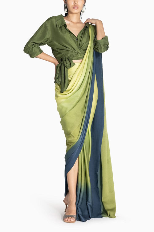 Ombre Green to Ink Highleg Sari with Kim Shirt