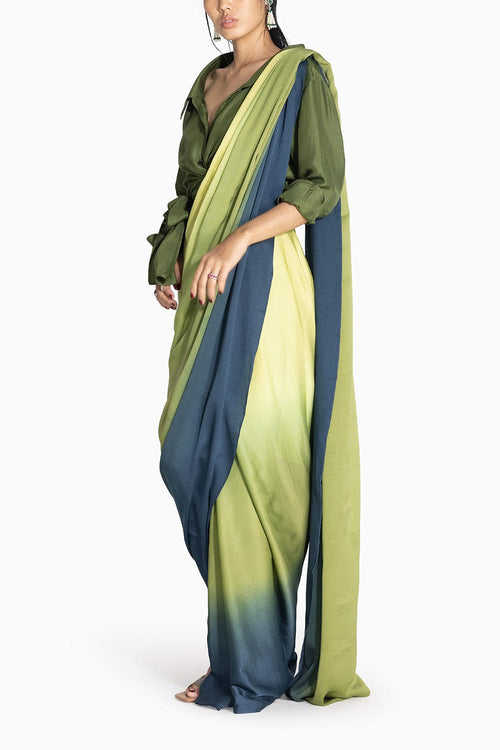 Ombre Green to Ink Highleg Sari with Kim Shirt
