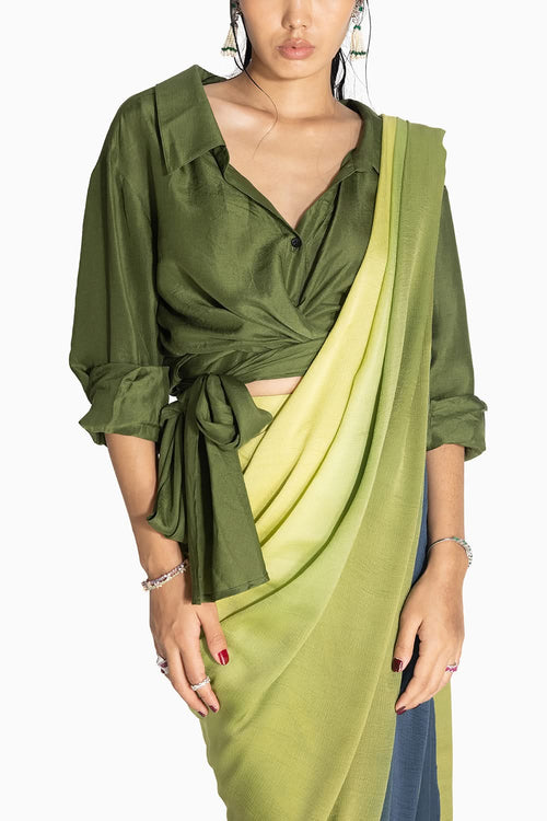 Ombre Green to Ink Highleg Sari with Kim Shirt