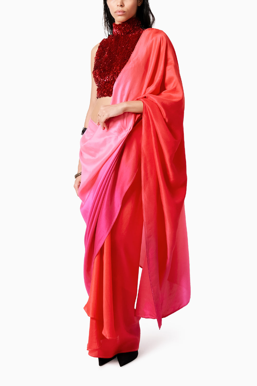 Tasha Top with Ombre Pink Red Masai Godet Sari