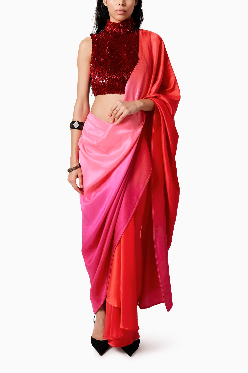 Tasha Top with Ombre Pink Red Masai Godet Sari