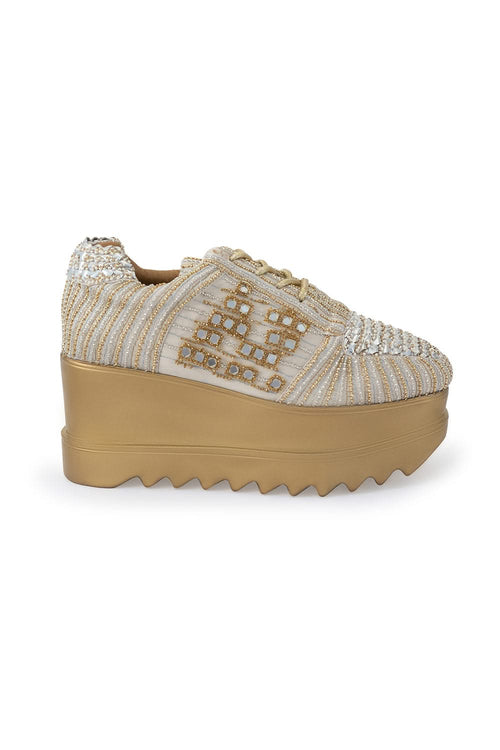Champagne And Ivory Wedge Sneakers