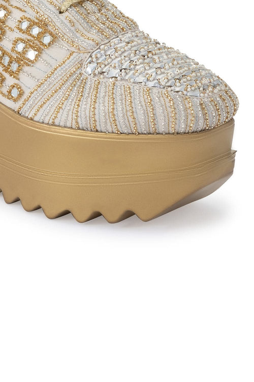 Champagne And Ivory Wedge Sneakers