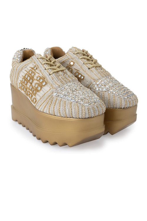 Champagne And Ivory Wedge Sneakers