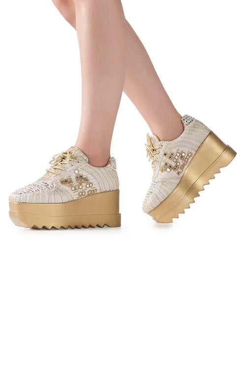 Champagne And Ivory Wedge Sneakers