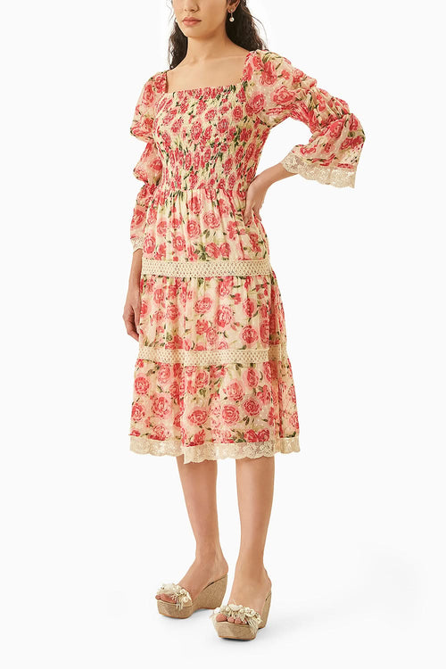 Dainty Rose Print Off Shoulder Dress