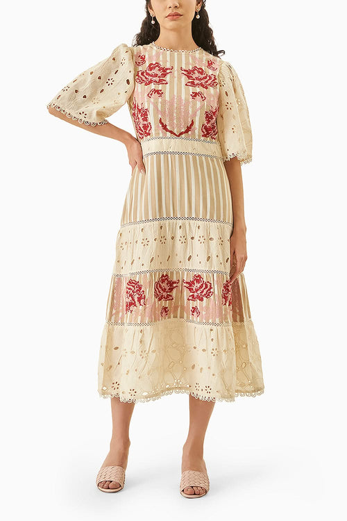 Floral Embroidered And Broderie Midi Dress