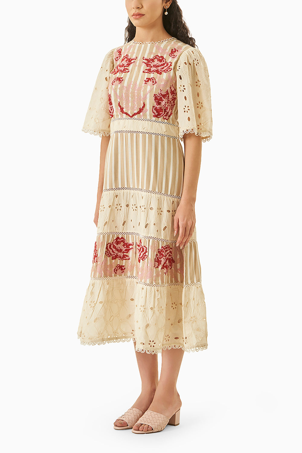 Floral Embroidered And Broderie Midi Dress