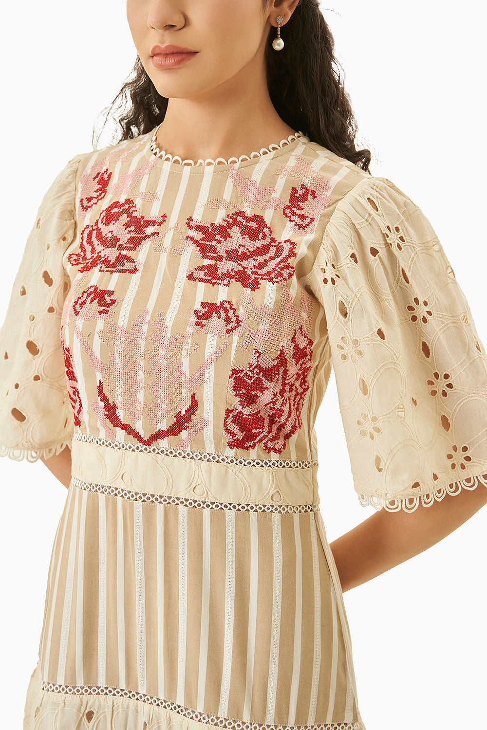 Floral Embroidered And Broderie Midi Dress