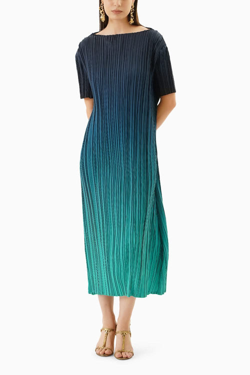 Ombre Green Pleated Midi Dress