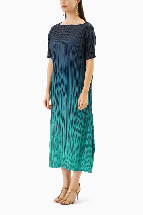 Ombre Green Pleated Midi Dress