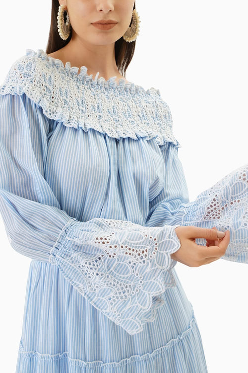 Blue Broderie Stripe Dress