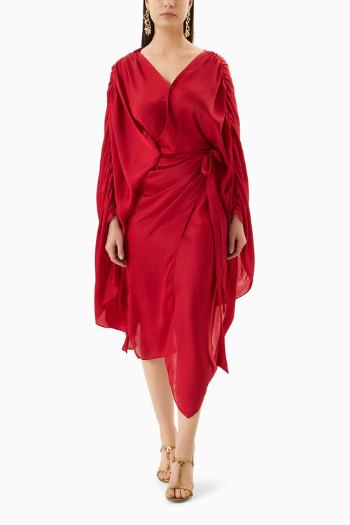 Red Peony Draped Dress