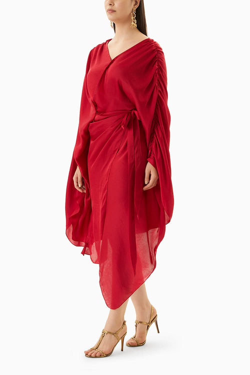 Red Peony Draped Dress