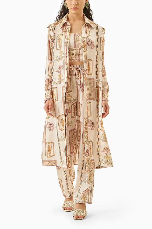 Cala Ecru Satin Printed Coord Set