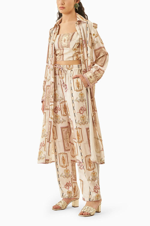 Cala Ecru Satin Printed Coord Set