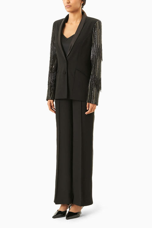 Black & Silver Fringe Blazer Set with Pants
