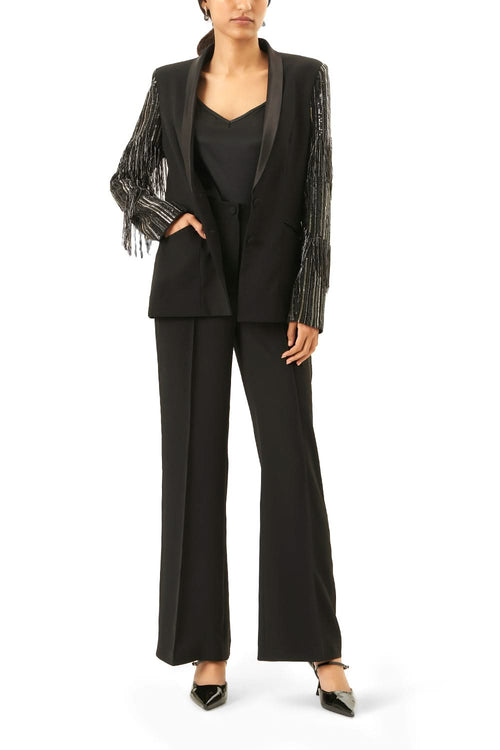 Black & Silver Fringe Blazer Set with Pants
