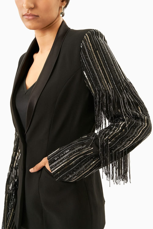 Black & Silver Fringe Blazer Set with Pants