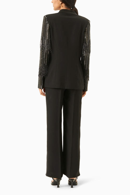 Black & Silver Fringe Blazer Set with Pants