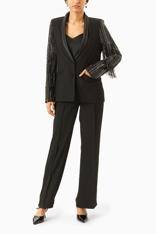 Black & Silver Fringe Blazer Set with Pants