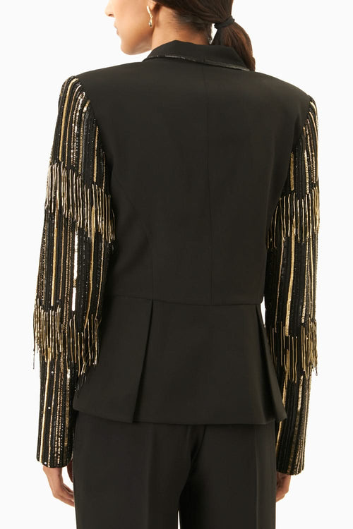 Black & Gold Fringe Blazer Set with Pants