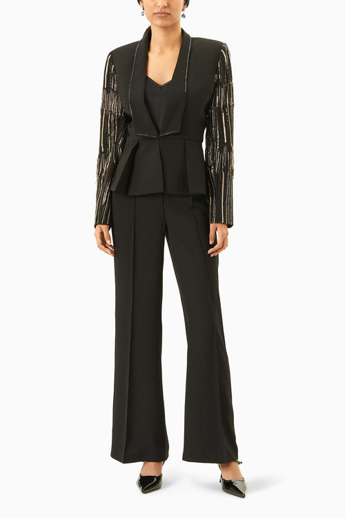 Black & Gold Fringe Blazer Set with Pants