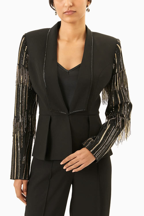 Black & Gold Fringe Blazer Set with Pants