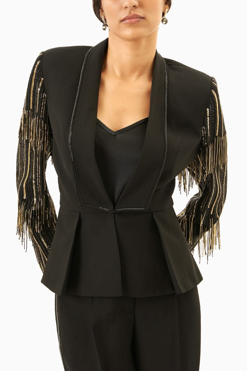 Black & Gold Fringe Blazer Set with Pants