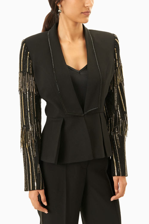 Black & Gold Fringe Blazer Set with Pants
