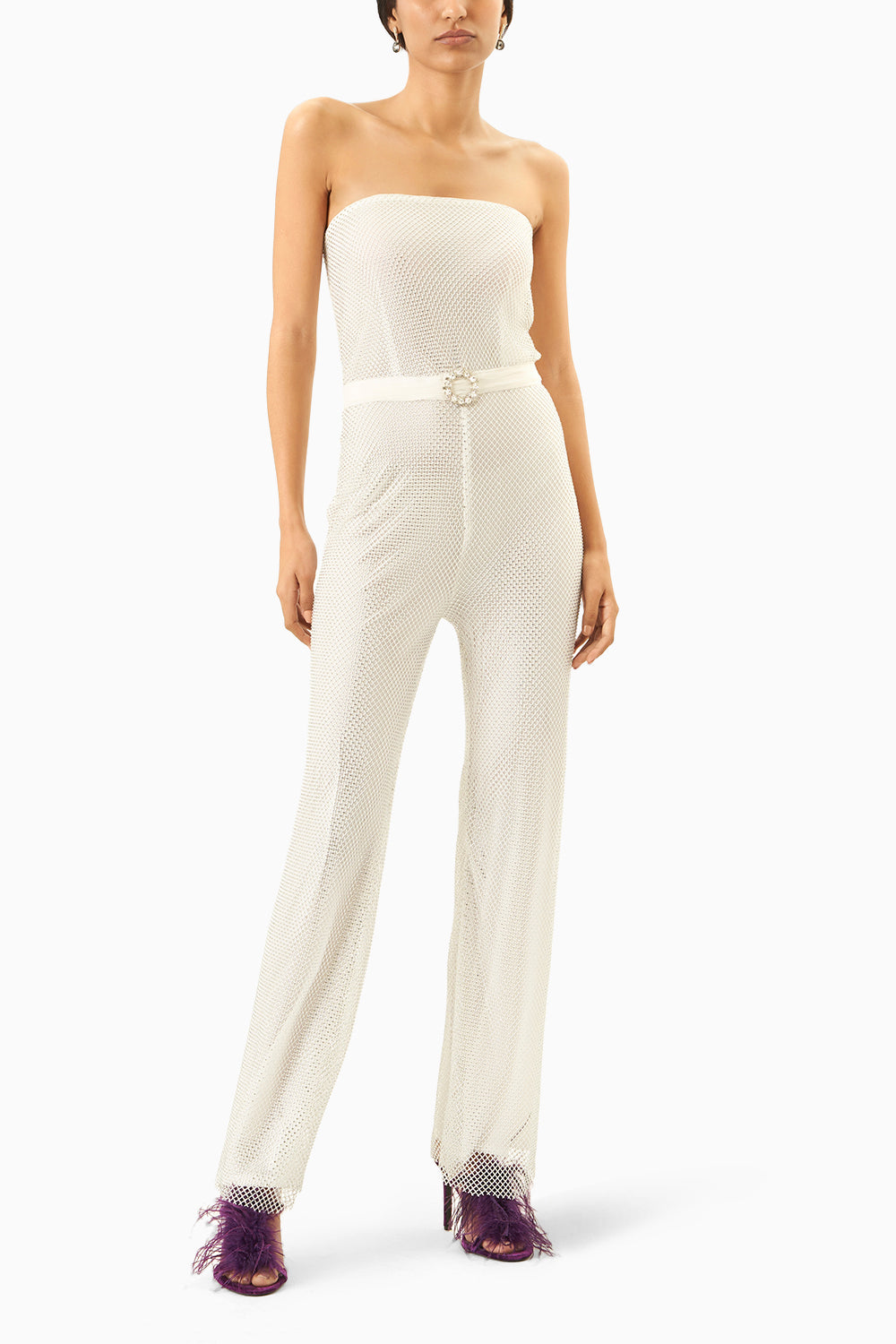 Offwhite Mesh jumpsuit with Crystals