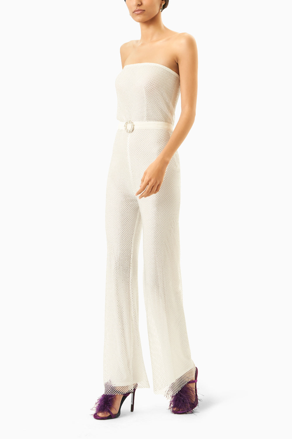 Offwhite Mesh jumpsuit with Crystals