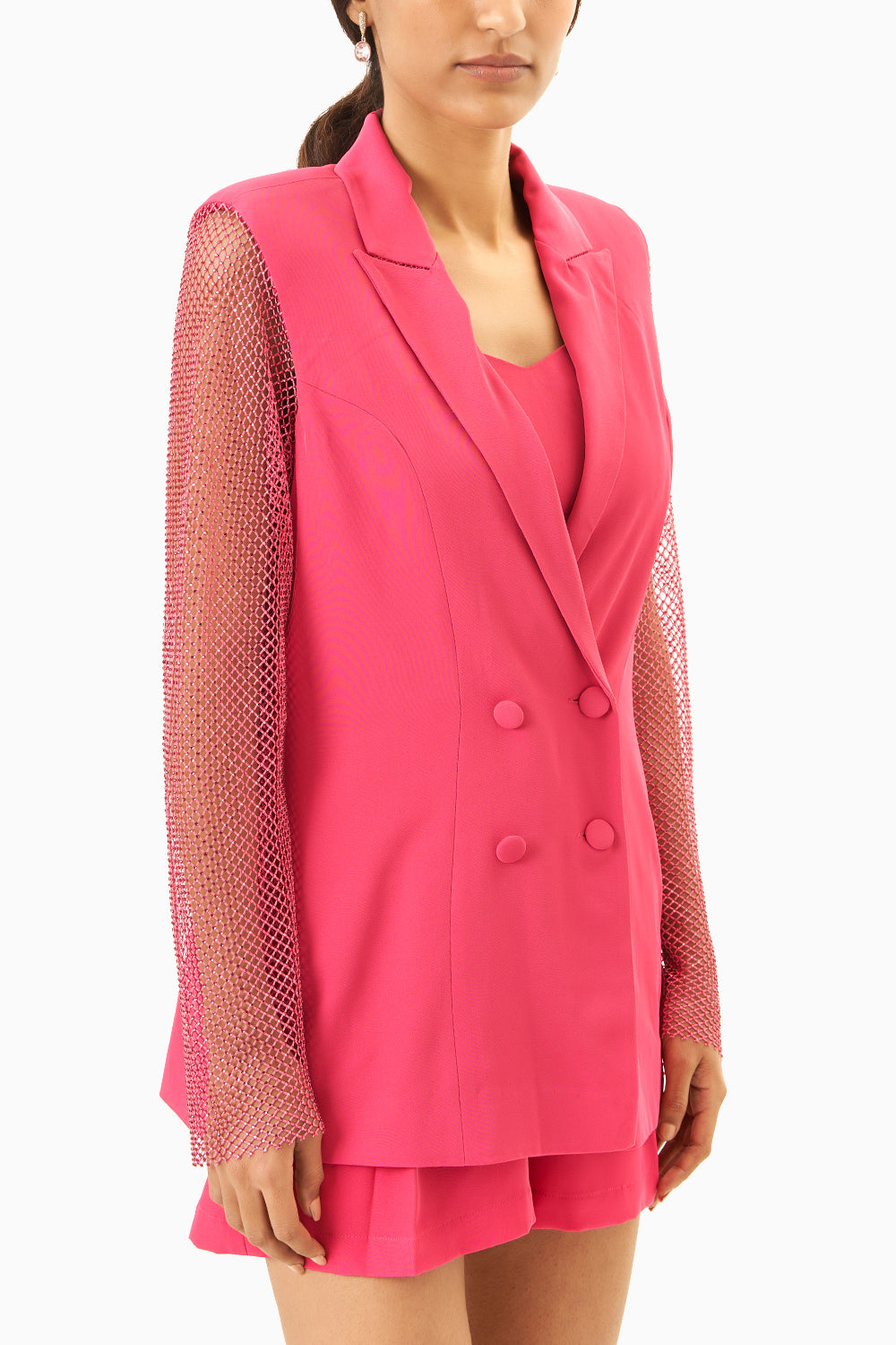 Pink Mesh Blazer with Crystals Co-ord Set