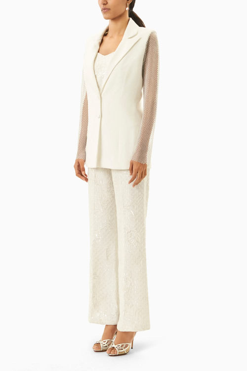 White Blazer With Crystal Mesh Lace