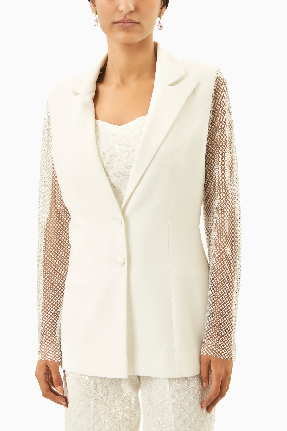 White Blazer With Crystal Mesh Lace