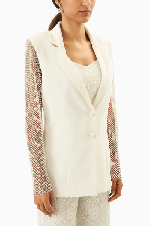 White Blazer With Crystal Mesh Lace